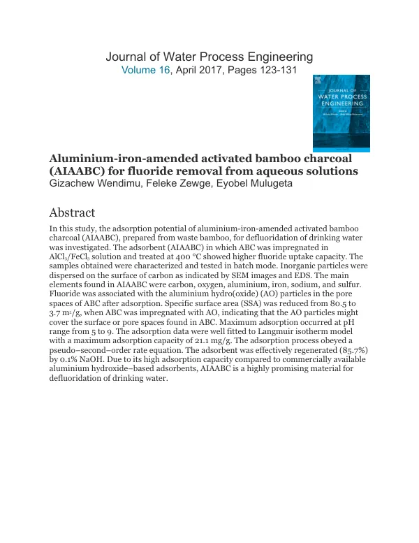 Aluminium-Fe amendment of activated bamboo charcoal for defluoridation of drinking water