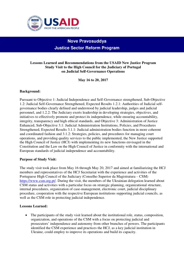 Lessons Learned and Recommendations from the USAID New Justice Program Study Visit to the High Council for the Judiciary of Portugal on Judicial Self-Governance Operations