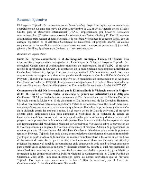 Resumen Ejecutivo del Proyecto Tejiendo Paz