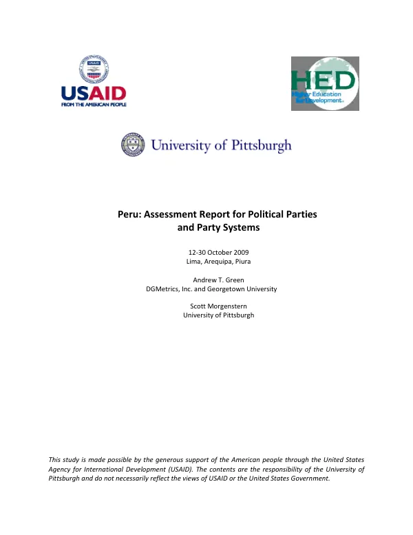 Peru : Assessment Report for Political Parties and Party Systems 12-30 October 2009, Lima, Arequipa, Piura