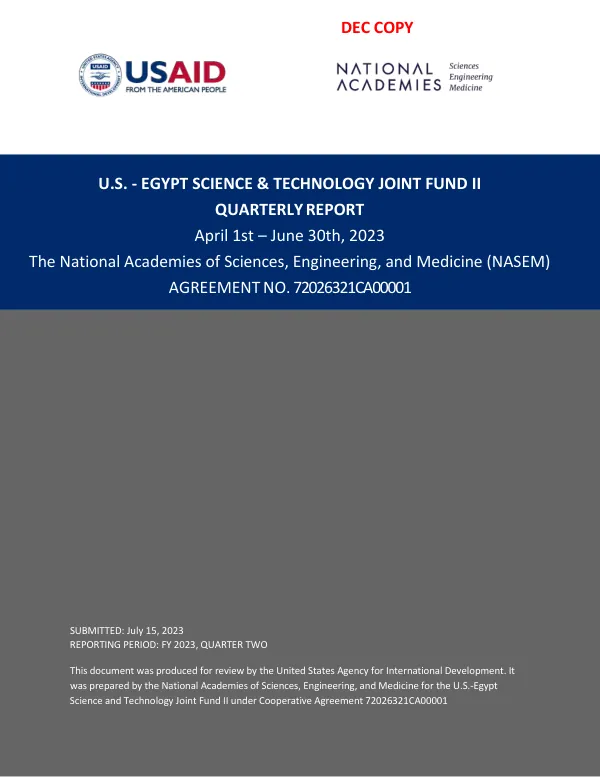 U.S.-Egypt Science & Technology Joint Fund II Quarterly Report