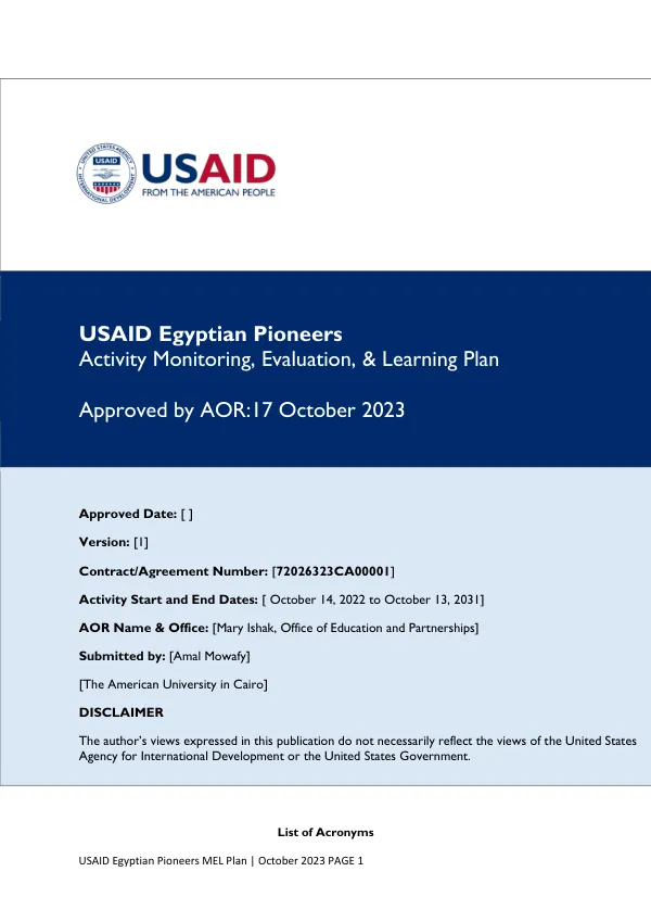 USAID Egyptian Pioneers MEL Plan