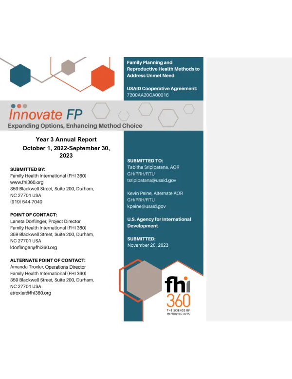 FHI 360 Innovate FP Year 3 Annual Report (Oct 2022-Sep 2023)