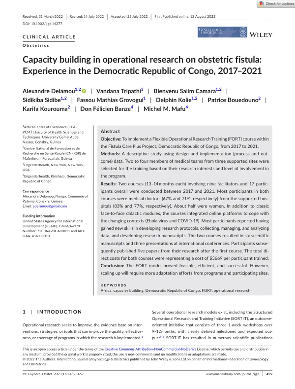 Capacity building in operational research on obstetric fistula: Experience in the Democratic Republic of Congo, 2017–2021