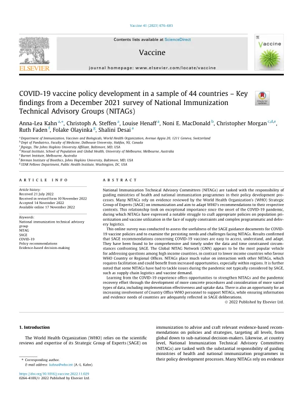 COVID-19 vaccine policy development in a sample of 44 countries – Key findings from a December 2021 survey of National Immunization Technical Advisory Groups (NITAGs)