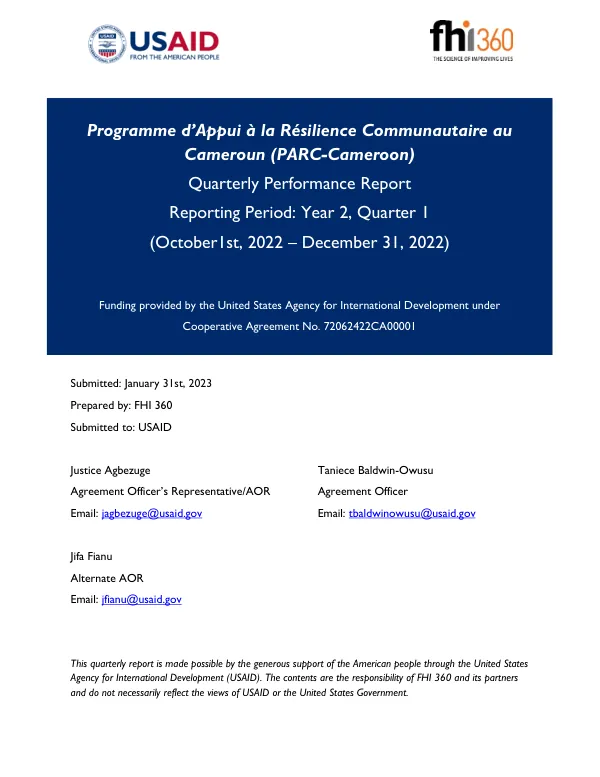 Quarterly Performance Report: Programme d’Appui à la Résilience Communautaire au Cameroun (PARC-Cameroon)