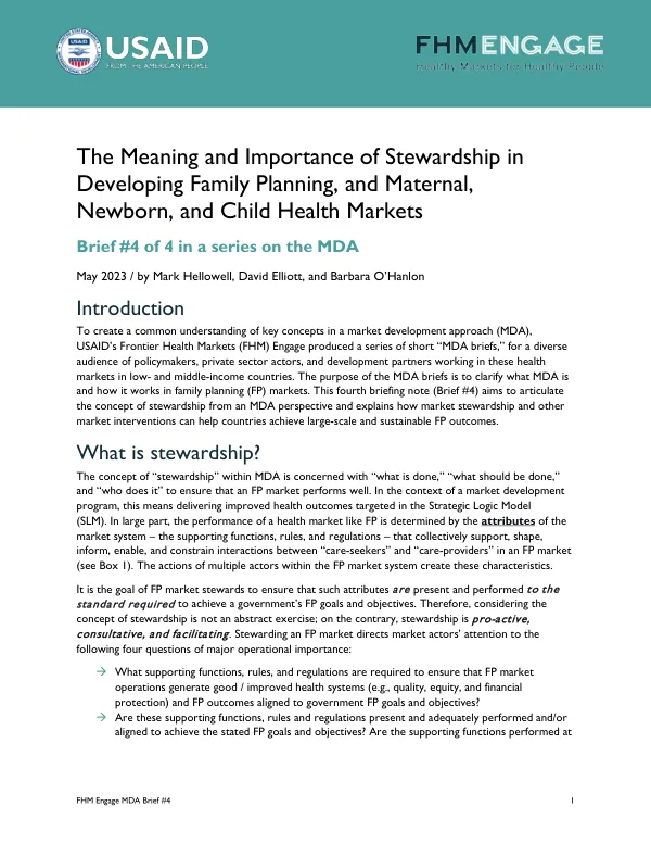 The Meaning and Importance of Stewardship in Developing Family Planning, and Maternal, Newborn, and Child Health Markets