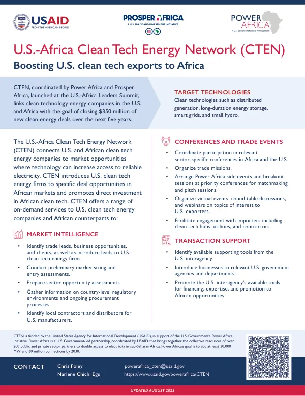 U.S.-Africa Clean Tech Energy Network (CTEN) Fact Sheet