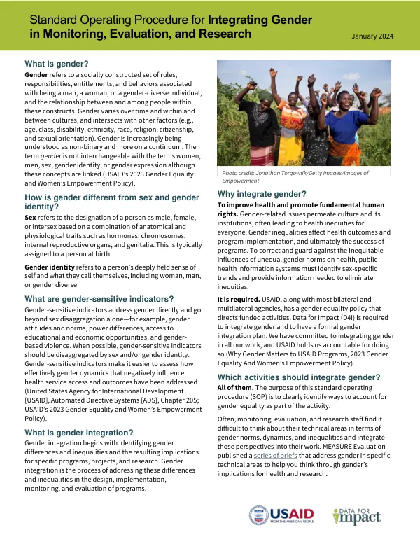 Standard Operating Procedure for Integrating Gender in Monitoring, Evaluation, and Research