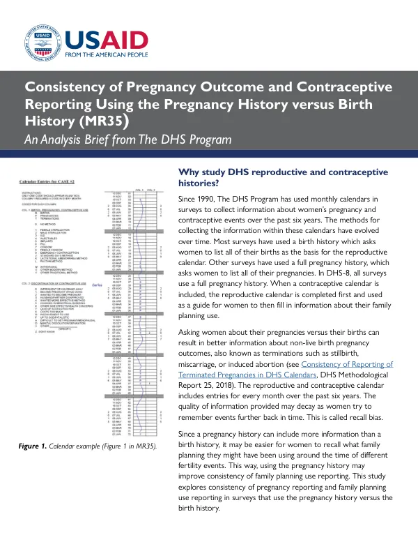 Consistency of Pregnancy Outcome and Contraceptive Reporting Using the Pregnancy History versus Birth History (MR35) - Analysis Brief