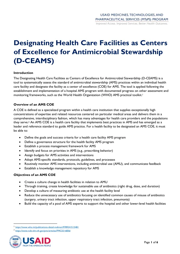 Designating Health Care Facilities as Centers of Excellence for Antimicrobial Stewardship (D-CEAMS)
