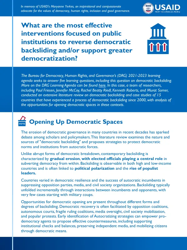 What are the most effective interventions focused on public institutions to reverse democratic backsliding and/or support greater democratization?