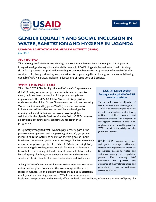 GENDER EQUALITY AND SOCIAL INCLUSION IN WATER, SANITATION AND HYGIENE IN UGANDA