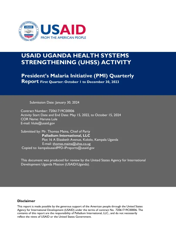 UHSS President's Malaria Initiative (PMI) Quarterly Report First Quarter: October 1 to December 31, 2023