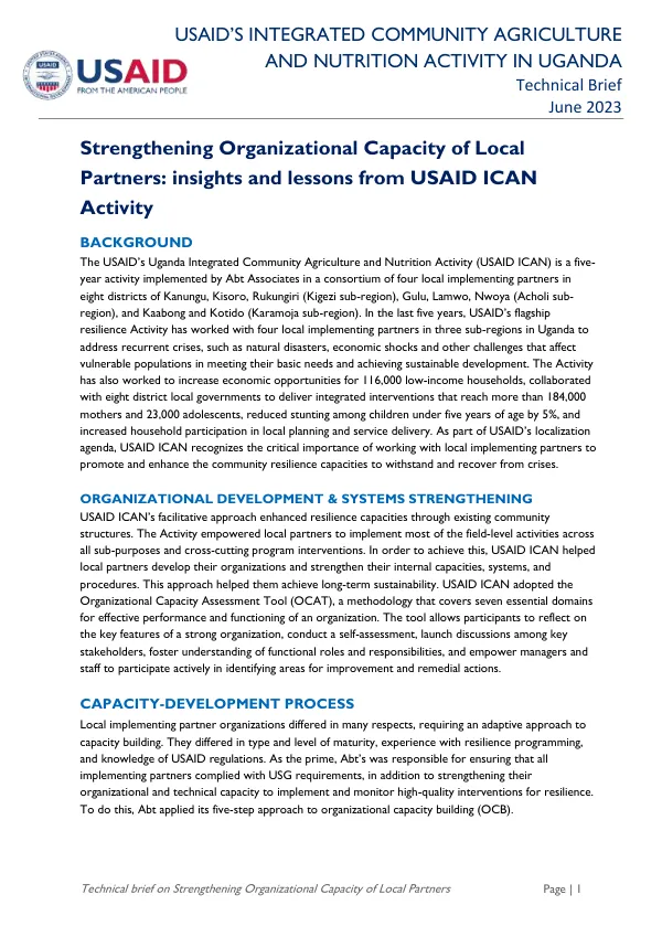 USAID’s Integrated Community Agriculture and Nutrition Activity in Uganda: Technical Brief on Strengthening Organizational Capacity of Local Partners