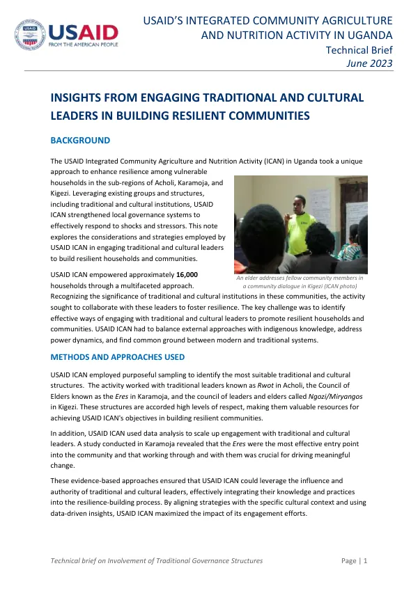 USAID’s Integrated Community Agriculture and Nutrition Activity in Uganda: Technical Brief on Involvement of Traditional Governance Structures