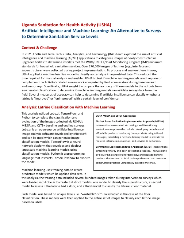 Uganda Sanitation for Health Activity (USHA) Artificial Intelligence and Machine Learning: An Alternative to Surveys to Determine Sanitation Service Levels