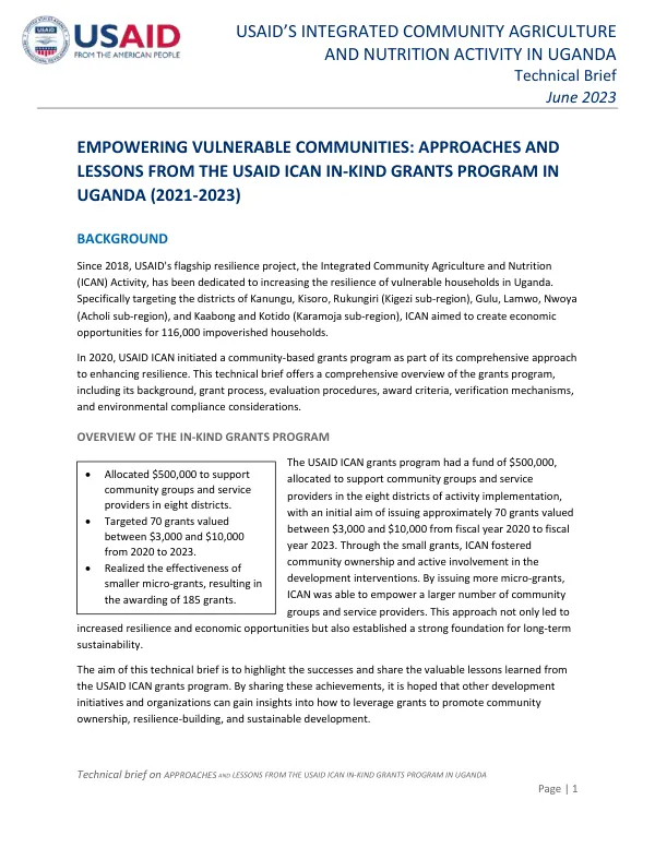 USAID’s Integrated Community Agriculture and Nutrition Activity in Uganda: Approaches and Lessons from the USAID ICAN In-Kind Grants Program in Uganda