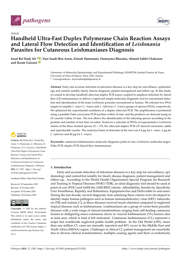 Handheld Ultra-Fast Duplex Polymerase Chain Reaction Assays and Lateral Flow Detection and Identification of Leishmania Parasites for Cutaneous Leishmaniases Diagnosis