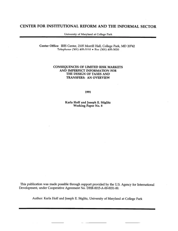 Consequences of limited risk markets and imperfect information for the design of taxes and transfers : an overview