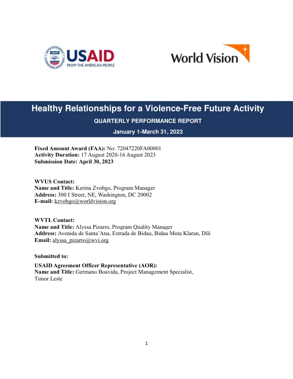 Healthy Relationships for a Violence-Free Future Activity: Quarterly Performance Report January 1-March 31, 2023