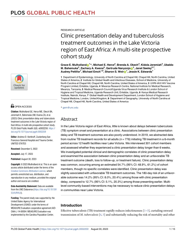 Clinic presentation delay and tuberculosis treatment outcomes in the Lake Victoria region of East Africa: A multi-site prospective cohort study