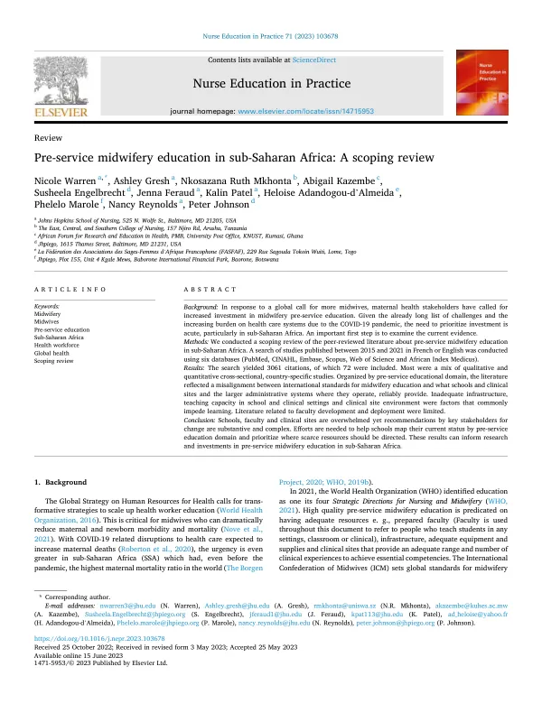 Pre-service midwifery education in sub-Saharan Africa: A scoping review