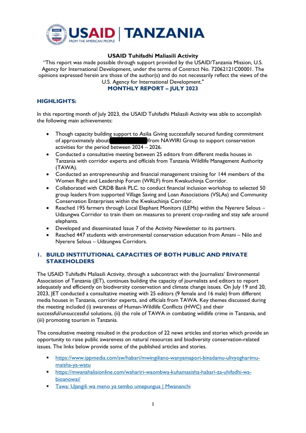 USAID Tuhifadhi Maliasili October 2023 Report
