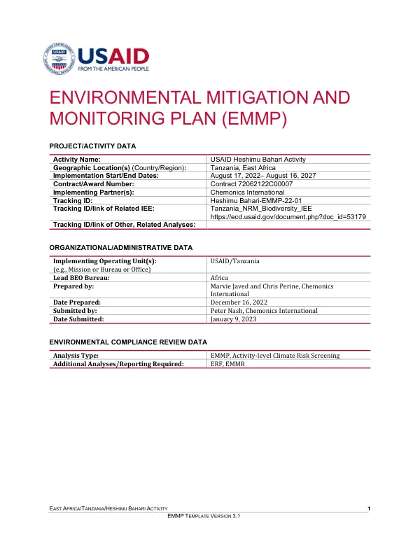 Environmental Mitigation and Monitoring Plan (EMMP) for USAID Heshimu Bahari Activity
