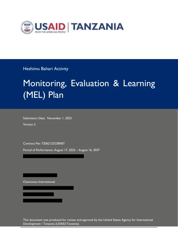 Heshimu Bahari Monitoring, Evaluation and Learning (MEL) Plan