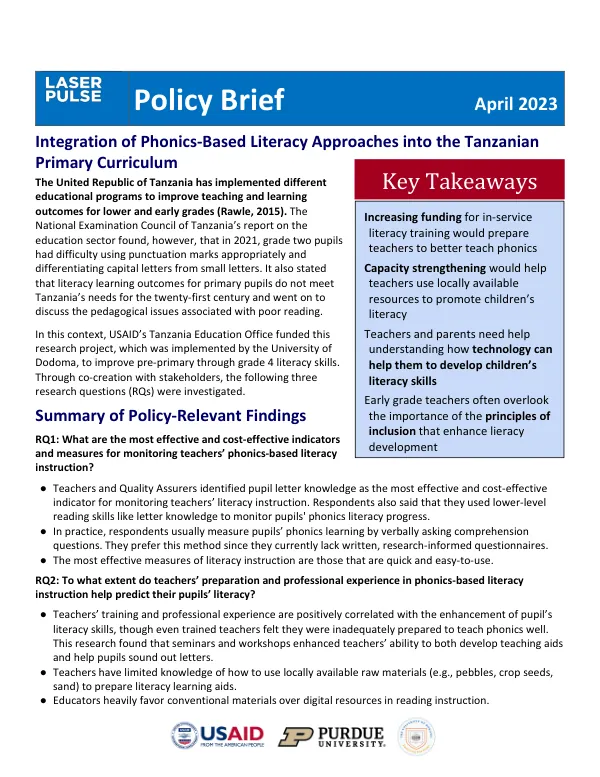 Policy Brief: Integration of Phonics-Based Literacy Approaches into the Tanzanian Primary Curriculum