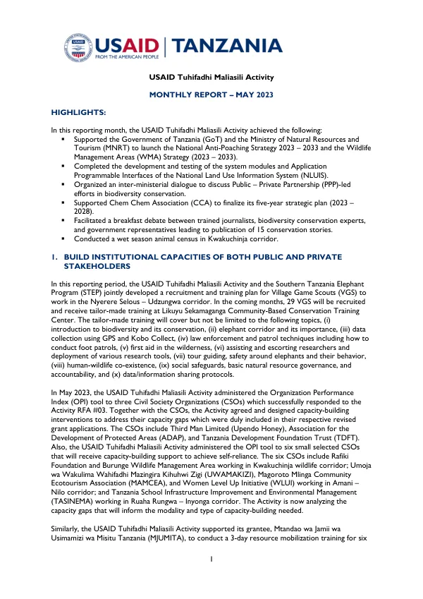 USAID Tuhifadhi Maliasili Activity Monthly Report May 2023
