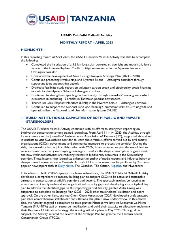 USAID Tuhifadhi Maliasili Activity Monthly Report April 2023