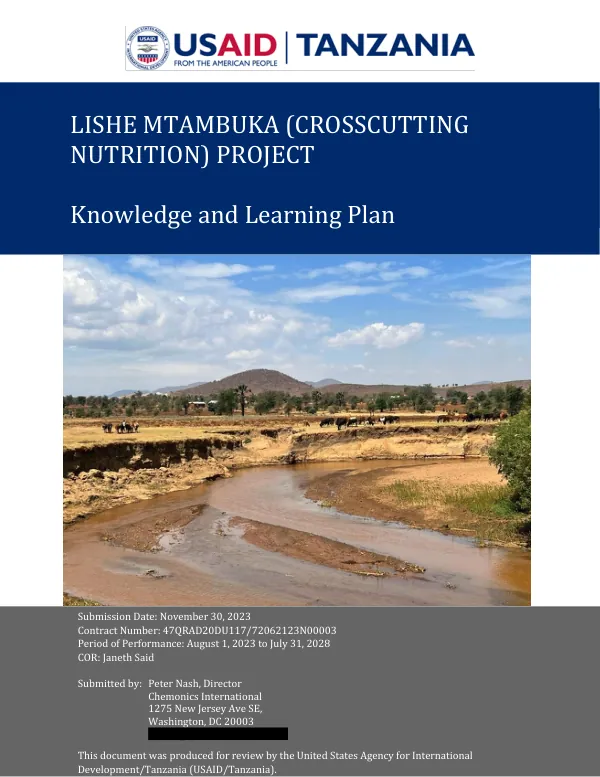 USAID LISHE MTAMBUKA (CROSSCUTTING NUTRITION) PROJECT | KNOWLEDGE AND LEARNING PLAN