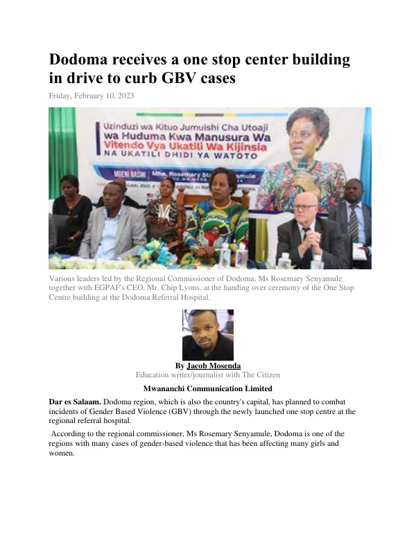 Dodoma receives a one stop center building in drive to curb GBV cases