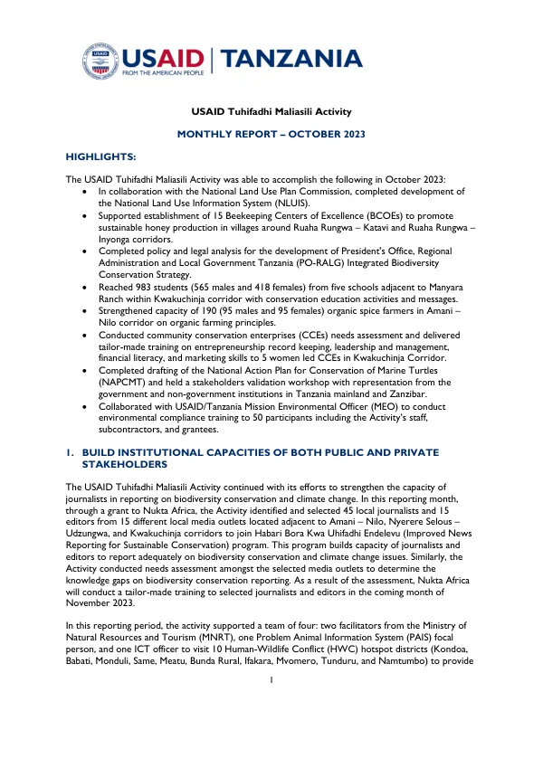 USAID Tuhifadhi Maliasili Activity Monthly Report- October 2023