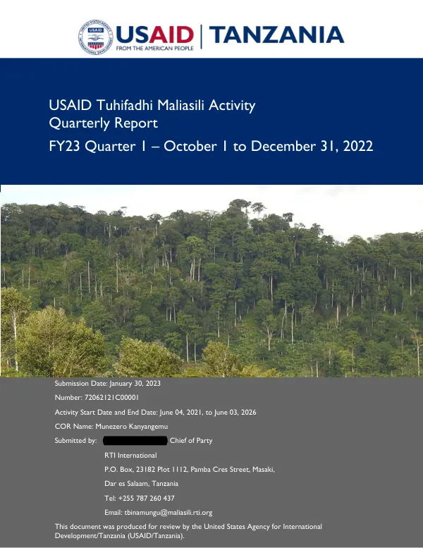USAID Tuhifadhi Maliasili Activity Quarterly Report FY23 Quarter 1 – October 1 to December 31, 2022