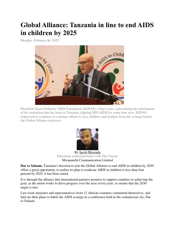 Global Alliance: Tanzania in line to end AIDS in children by 2025