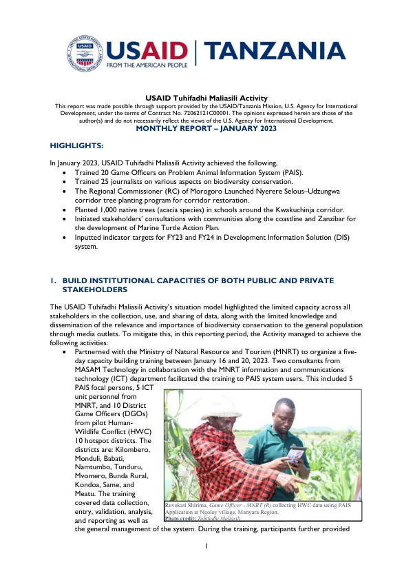 USAID Tuhifadhi Maliasili Activity Monthly Report January 2023