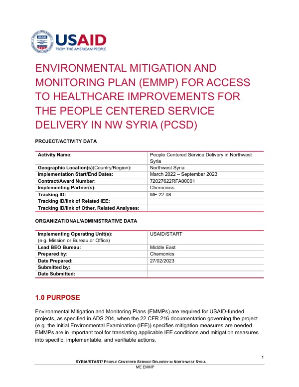Environmental Mitigation and Monitoring Plan (EMMP) for Access to Healthcare Improvements for the People Centered Service Delivery in NW Syria (PCSD) Project