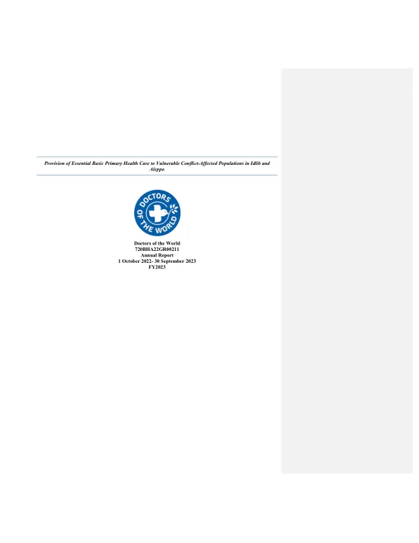 Provision of Essential Basic Primary Health Care to Vulnerable Conflict-Affected Populations in Idlib and Aleppo