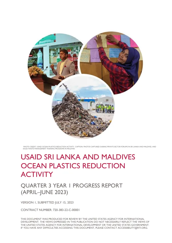 USAID Sri Lanka and Maldives Ocean Plastics Reduction Activity Quarter 3 Year 1 Progress Report (April-June 2023)