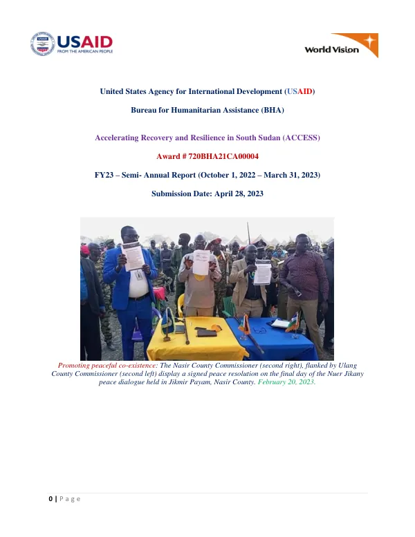 Accelerating Recovery and Resilience in South Sudan (ACCESS) FY23 – Semi-Annual Report (October 1, 2022 – March 31, 2023)
