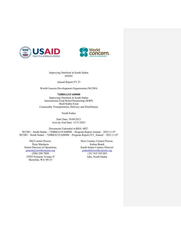 Improving Nutrition in South Sudan: Annual Report FY 23
