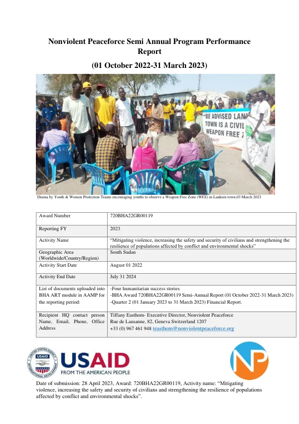 Nonviolent Peaceforce Semi Annual Program Performance Report (01 October 2022-31 March 2023)