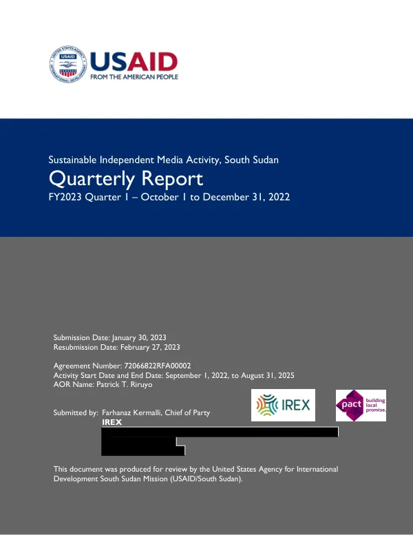 Sustainable Independent Media Activity, South Sudan Quarterly Report FY2023 Quarter 1 – October 1 to December 31, 2022