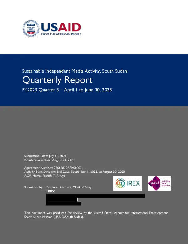 Sustainable Independent Media Activity, South Sudan Quarterly Report FY2023 Quarter 3 – April 1 to June 30, 2023