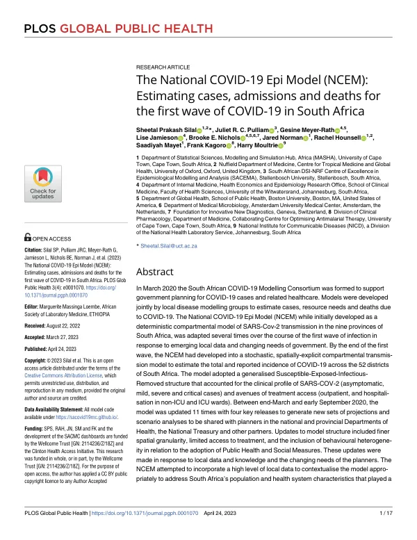 The National COVID-19 Epi Model (NCEM): Estimating cases, admissions and deaths for the first wave of COVID-19 in South Africa