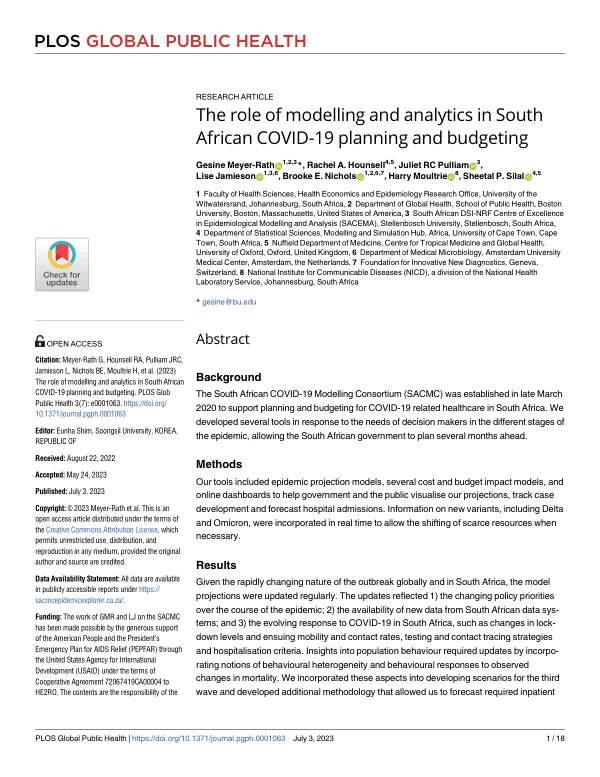 The role of modelling and analytics in South African COVID-19 planning and budgeting