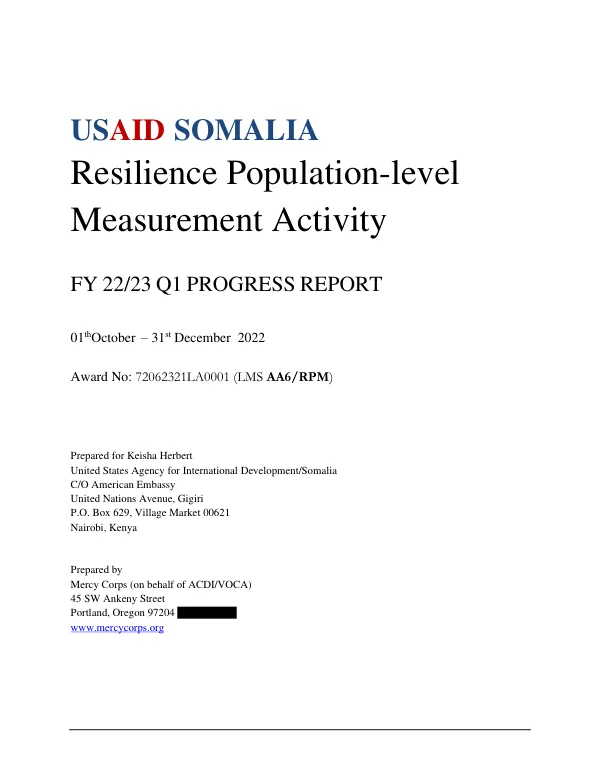 FY 22/23 Q1 PROGRESS REPORT: Resilience Population-level Measurement Activity (RPM) in Somalia